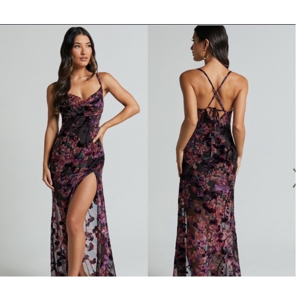 Showpo Dark Floral Burnout Velvet Maxi Dress Cowl Neck Slit Purple Burgundy US 0
